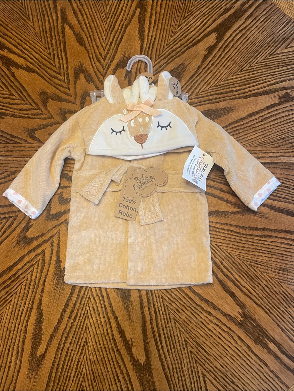 NWT Infant Girl’s Essentials Beige Deer Hooded Cotton Infant Robe Size 0-9 Month